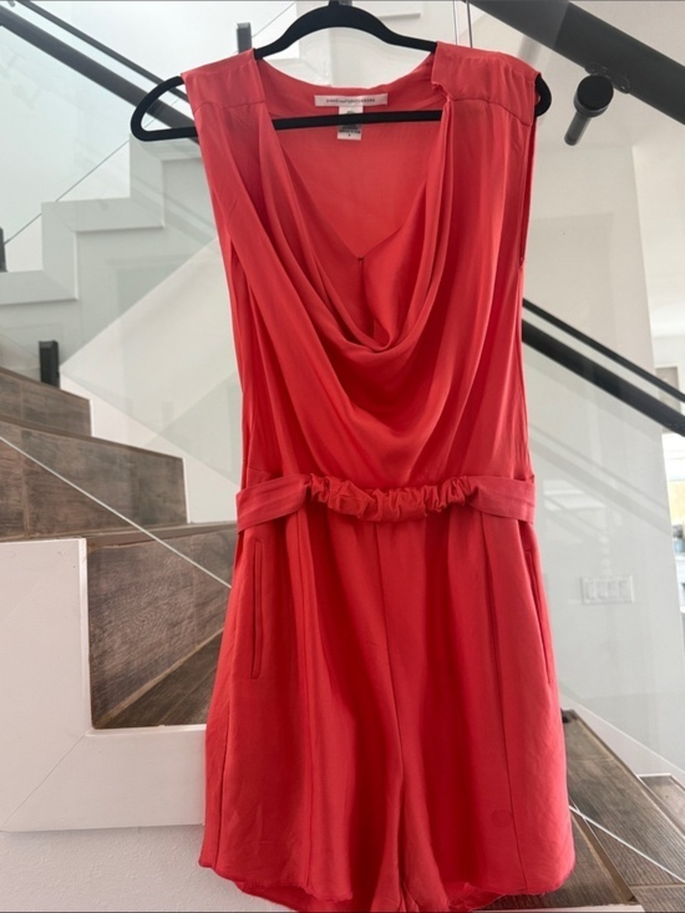 DIANE von FURSTENBERG Coral Red Draped Neck Sleeveless Playsuit